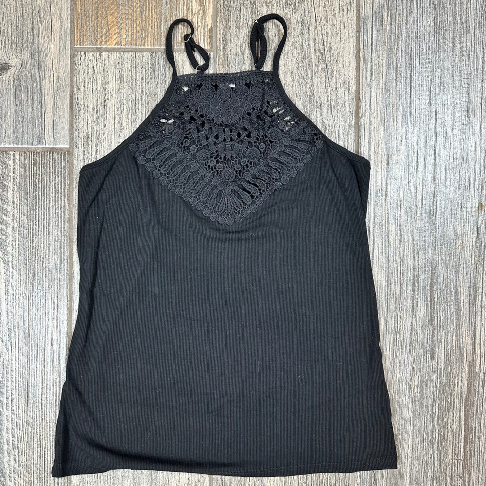Womens Black Ribbed Lace Halter Tank Top Size S‎ VIMPUNEC
